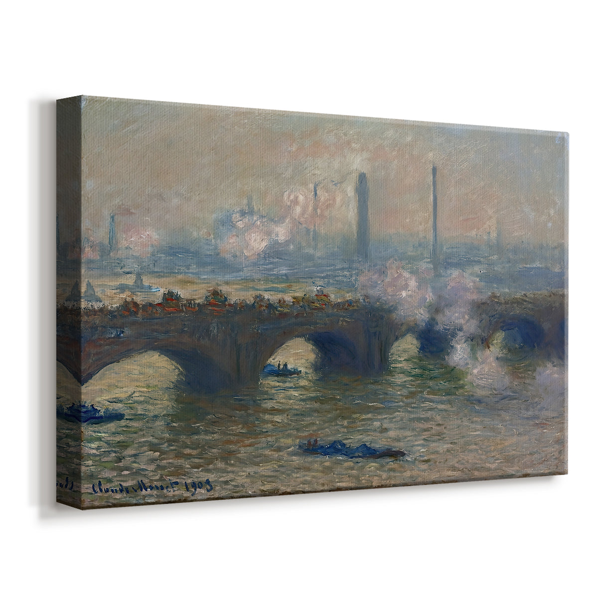 Canvas art print featuring an impressionist depiction of bridge with soft gray tones and haze, displayed at an angle