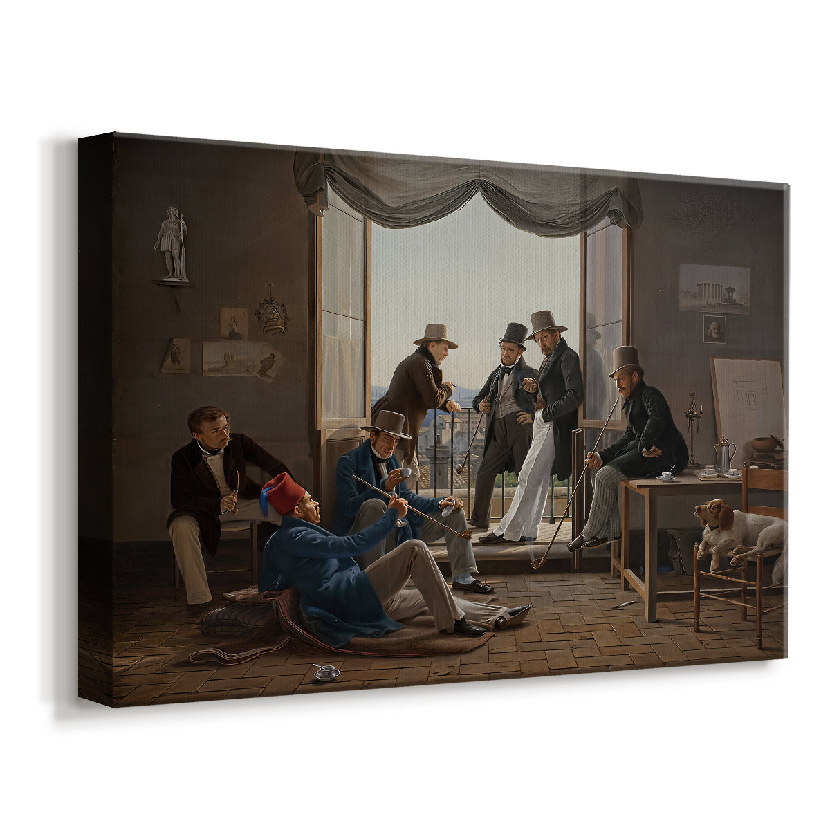 Canvas art print featuring a portrait of artists seated and standing together in interior space, displayed at an angle