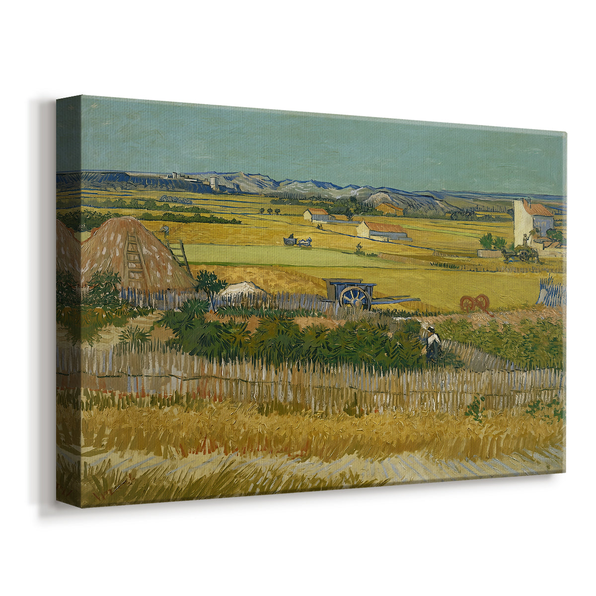 Canvas art print featuring a rural labor scene with fields and agricultural activity, displayed at an angle