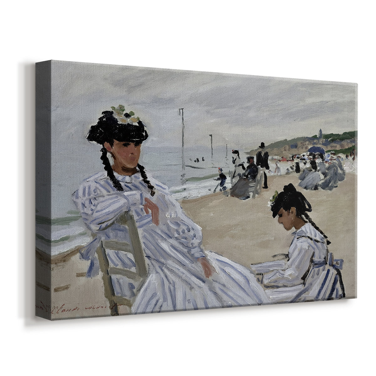 Canvas art print featuring an impressionist seaside scene with women in dresses and hats, displayed at an angle