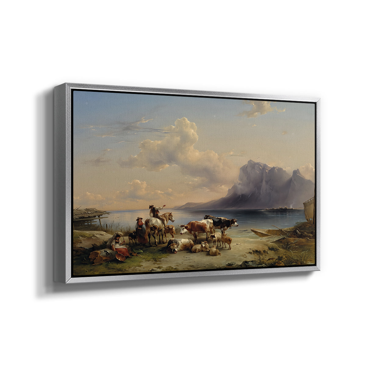 Shepherds and Cattle on Lake Attersee, 1852 - Floater Framed Canvas Print