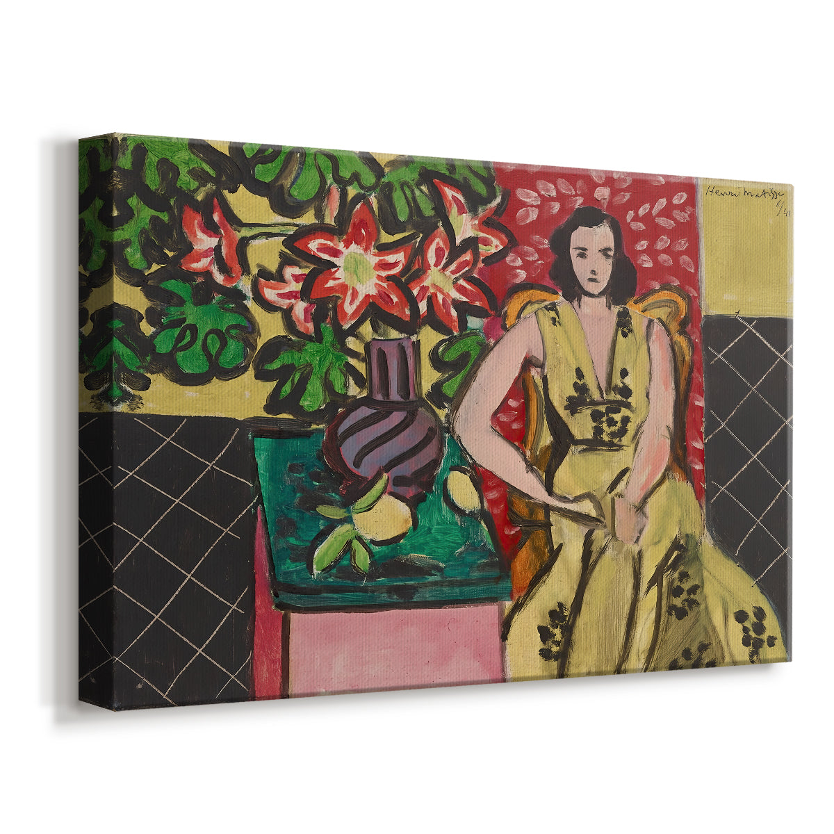 Canvas art print featuring an expressive portrait combining figure and floral still life, displayed at an angle