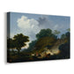 Canvas art print featuring a rural countryside scene with figures guiding animals, displayed at an angle
