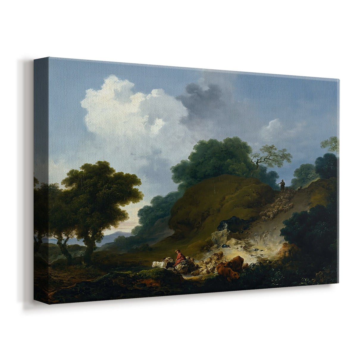Canvas art print featuring a rural countryside scene with figures guiding animals, displayed at an angle