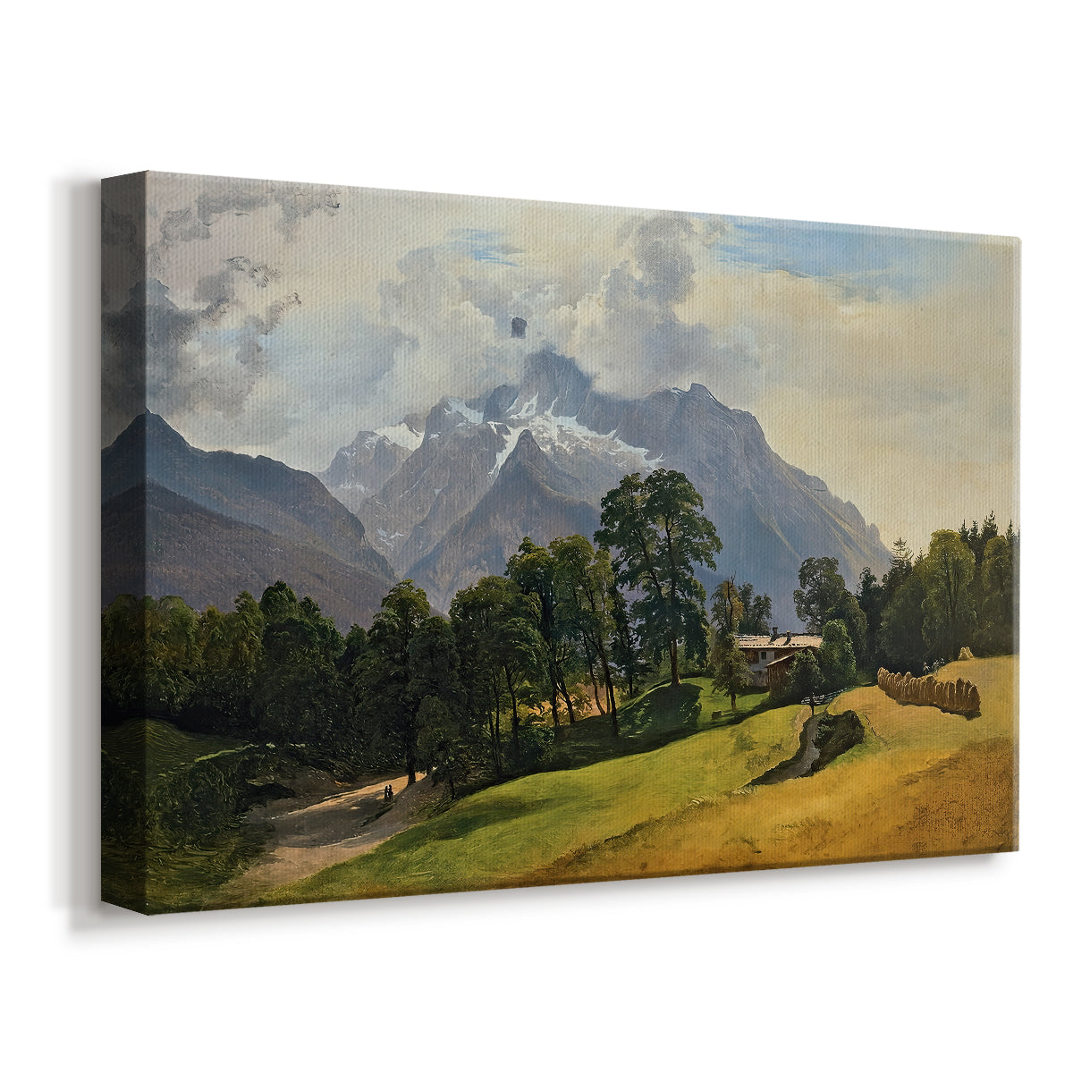 Canvas art print featuring an expansive mountain scene with rugged terrain, displayed at an angle