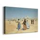 Canvas art print featuring an expansive desert landscape with people and architectural landmarks, displayed at an angle