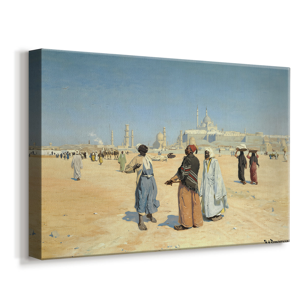 Canvas art print featuring an expansive desert landscape with people and architectural landmarks, displayed at an angle