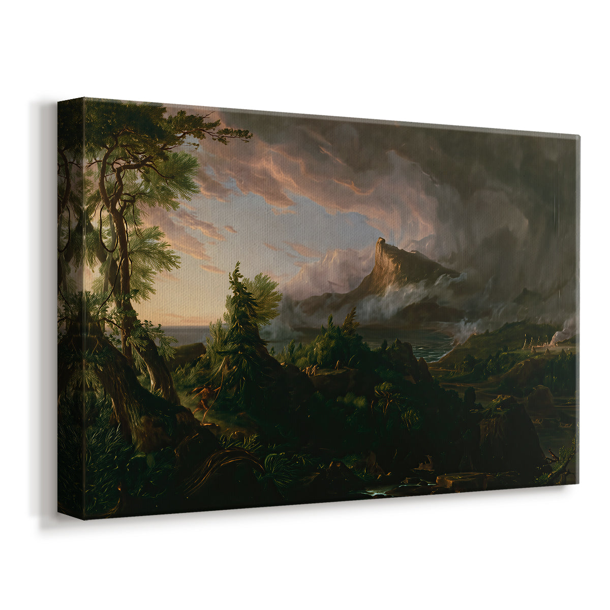 Canvas art print featuring an early civilization scene set within dense natural environment, displayed at an angle