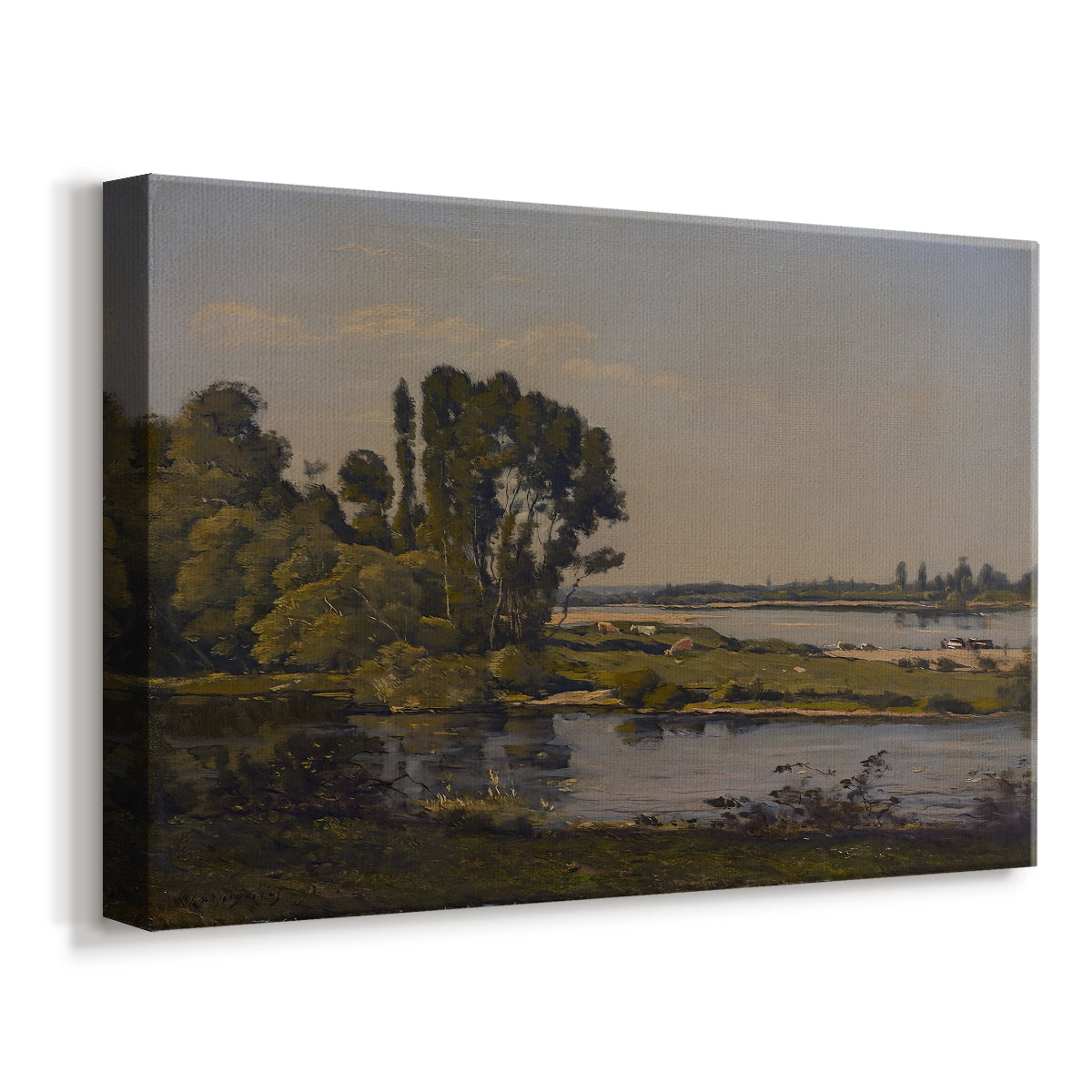 Canvas art print featuring a pastoral landscape with water and soft vegetation, displayed at an angle