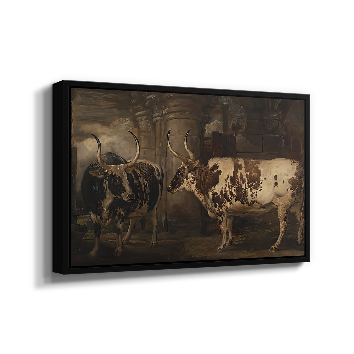 Portraits of Two Extraordinary Oxen, Property of the Earl of Powis, 1814 - Floater Framed Canvas Print