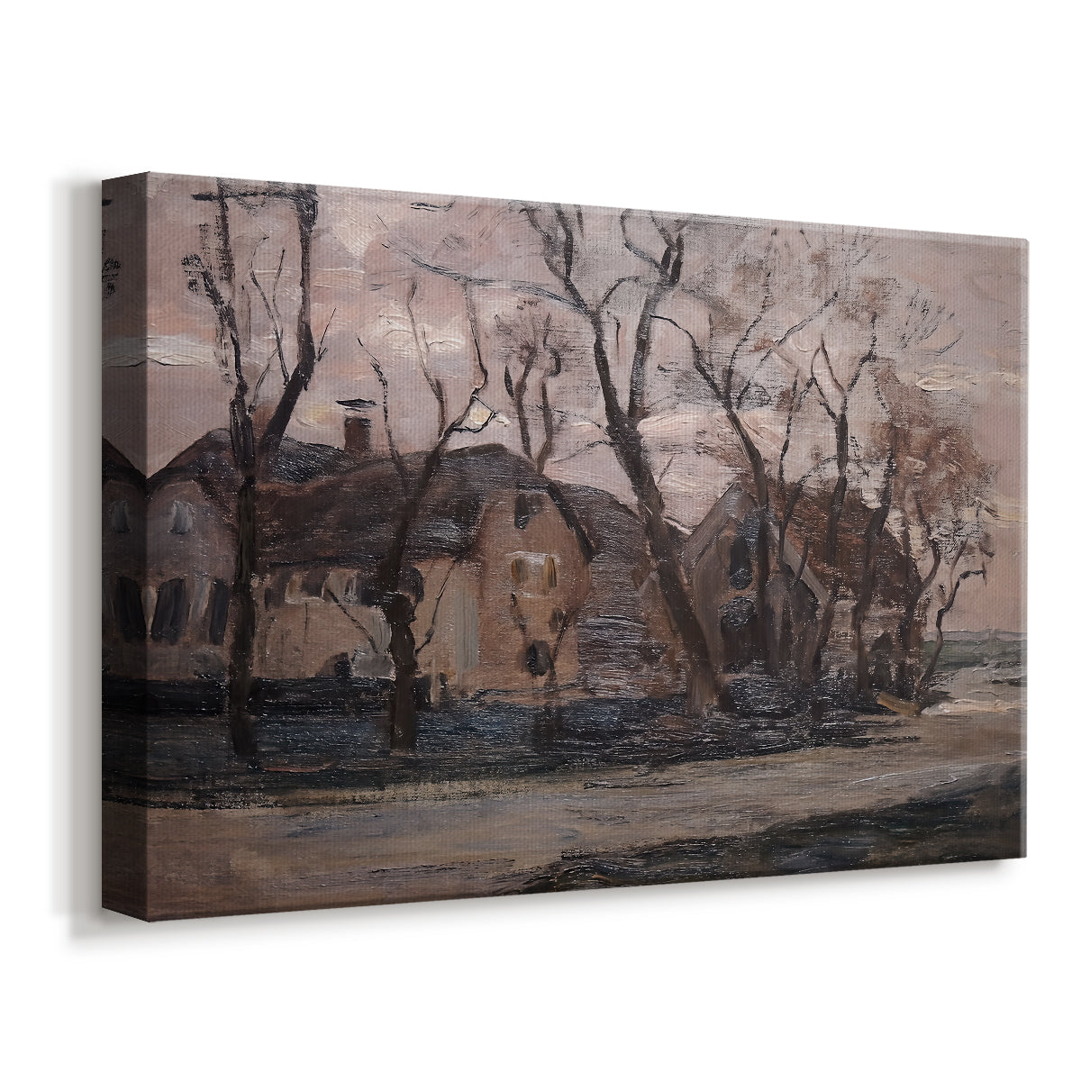 Canvas art print featuring a transitional landscape with soft tones and simplified forms, displayed at an angle