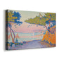 Canvas art print featuring a pointillist seaside scene with natural vegetation, displayed at an angle