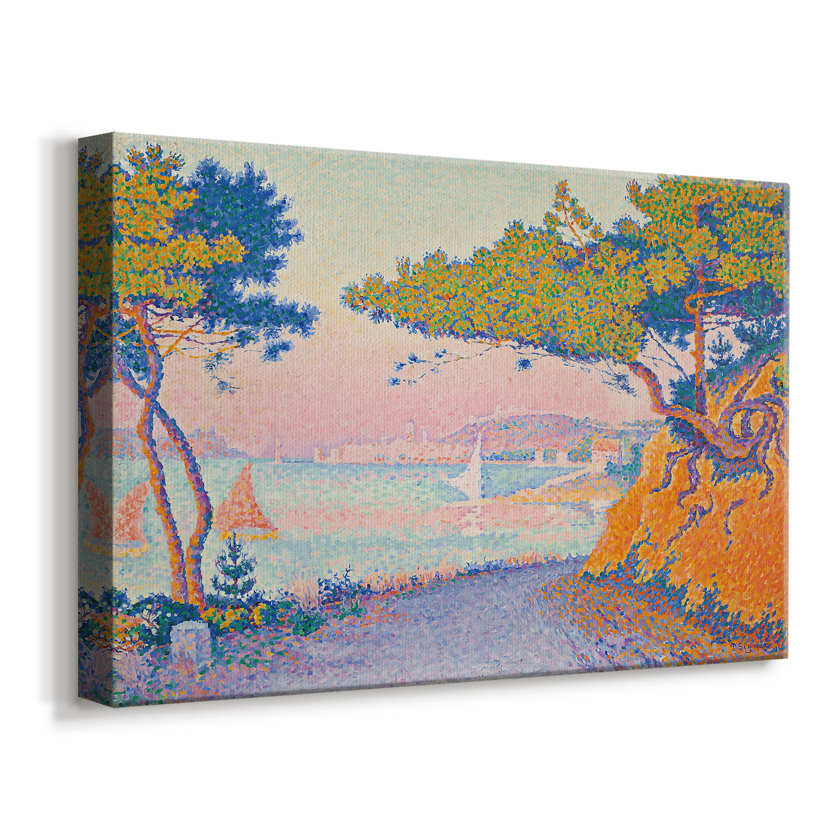 Canvas art print featuring a pointillist seaside scene with natural vegetation, displayed at an angle