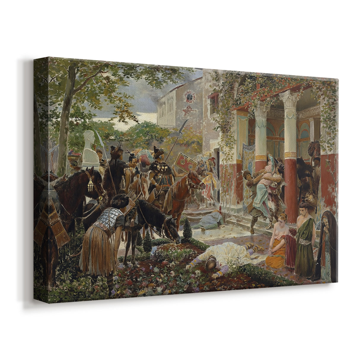Canvas art print featuring a dramatic depiction of invasion with figures on horseback in motion, displayed at an angle