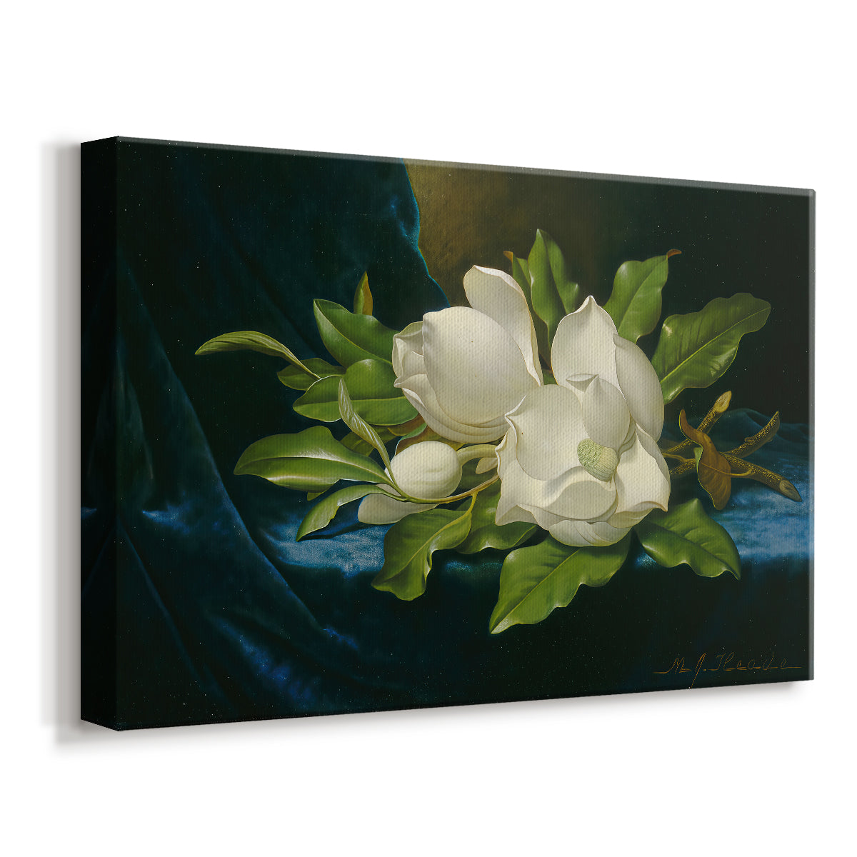 Canvas art print featuring a floral still life with multiple blossoms, displayed at an angle