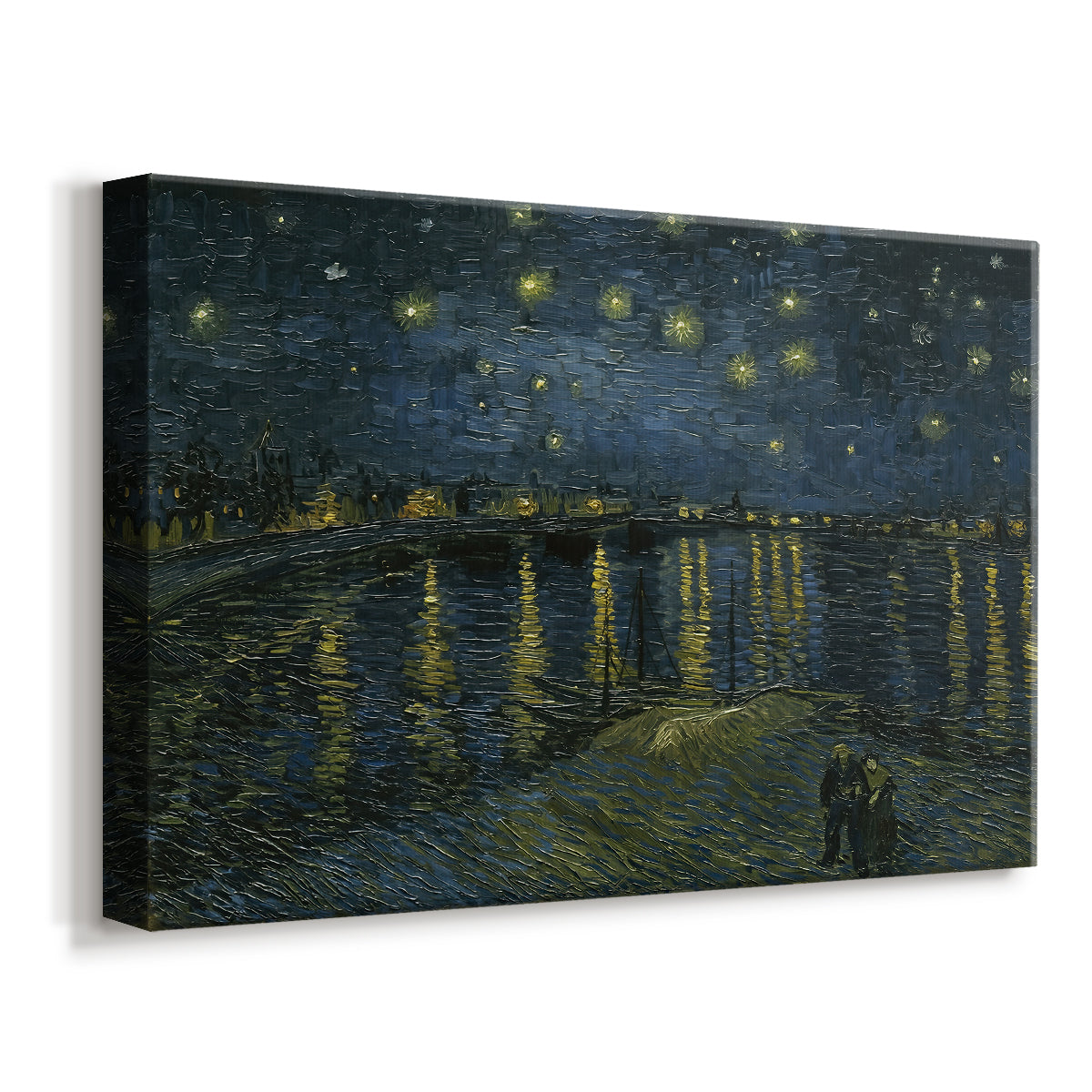 Canvas art print featuring a nighttime composition with glowing reflections stretching across river, displayed at an angle