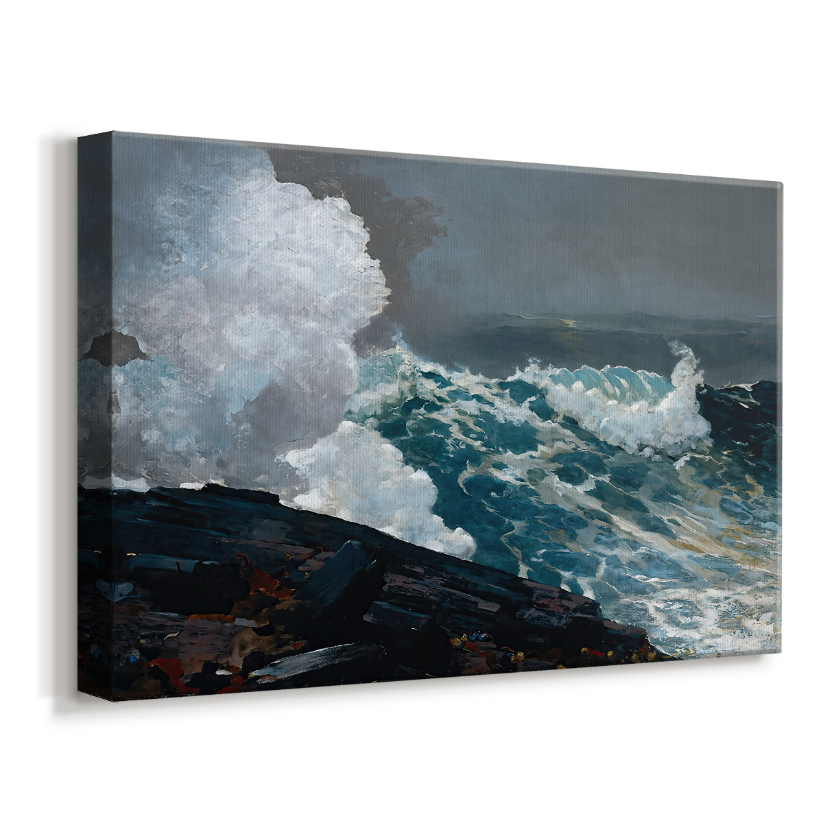 Canvas art print featuring a dramatic ocean scene with turbulent water and spray, displayed at an angle