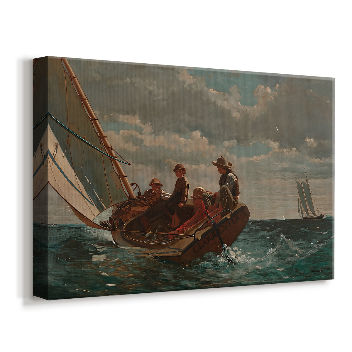 Canvas art print featuring a maritime scene with figures riding steady breeze under full sail, displayed at an angle