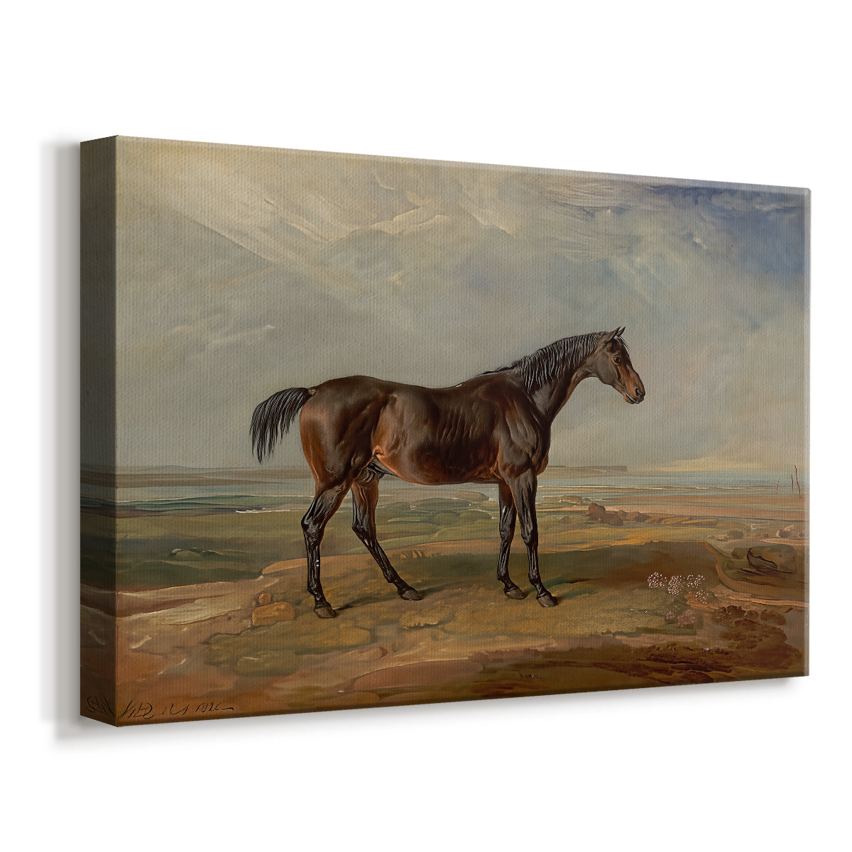 Canvas art print featuring a detailed horse portrait with estuary visible in background, displayed at an angle