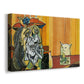 Canvas art print featuring a modern parody with human and animal, displayed at an angle