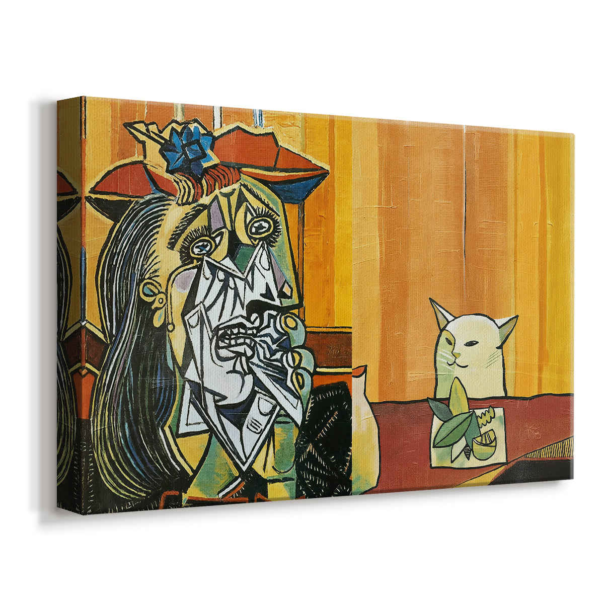 Canvas art print featuring a modern parody with human and animal, displayed at an angle