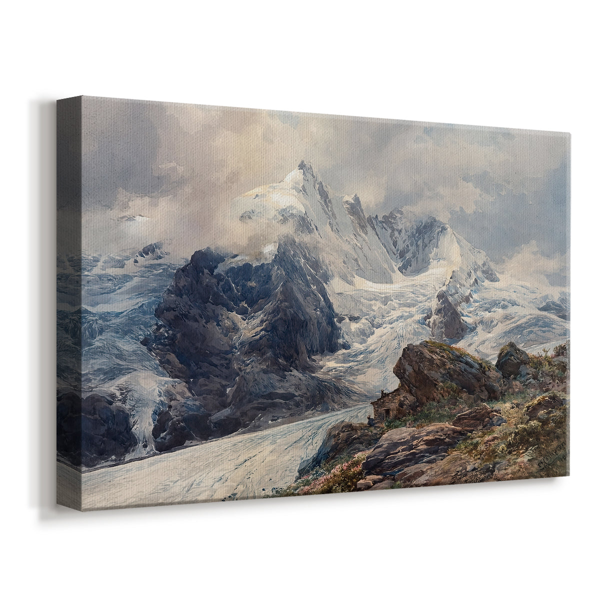 Canvas art print featuring a dramatic mountain summit with snow and rugged slopes, displayed at an angle