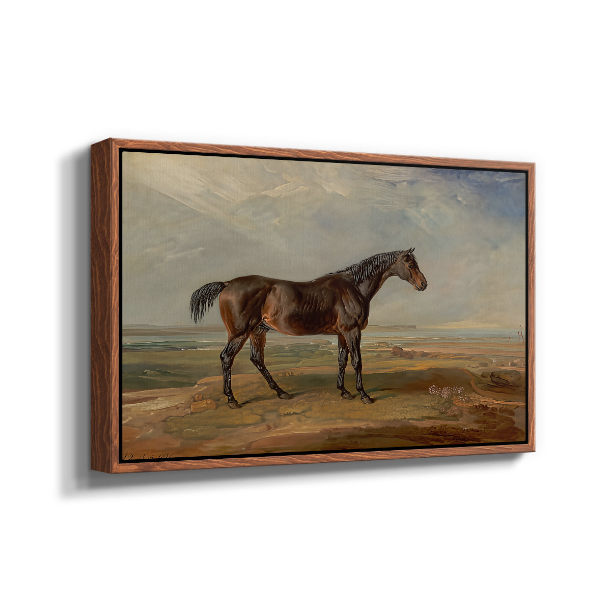 Dr. Syntax, a Bay Racehorse, Standing in a Coastal Landscape, an Estuary Beyond, c. 1820 - Floater Framed Canvas Print