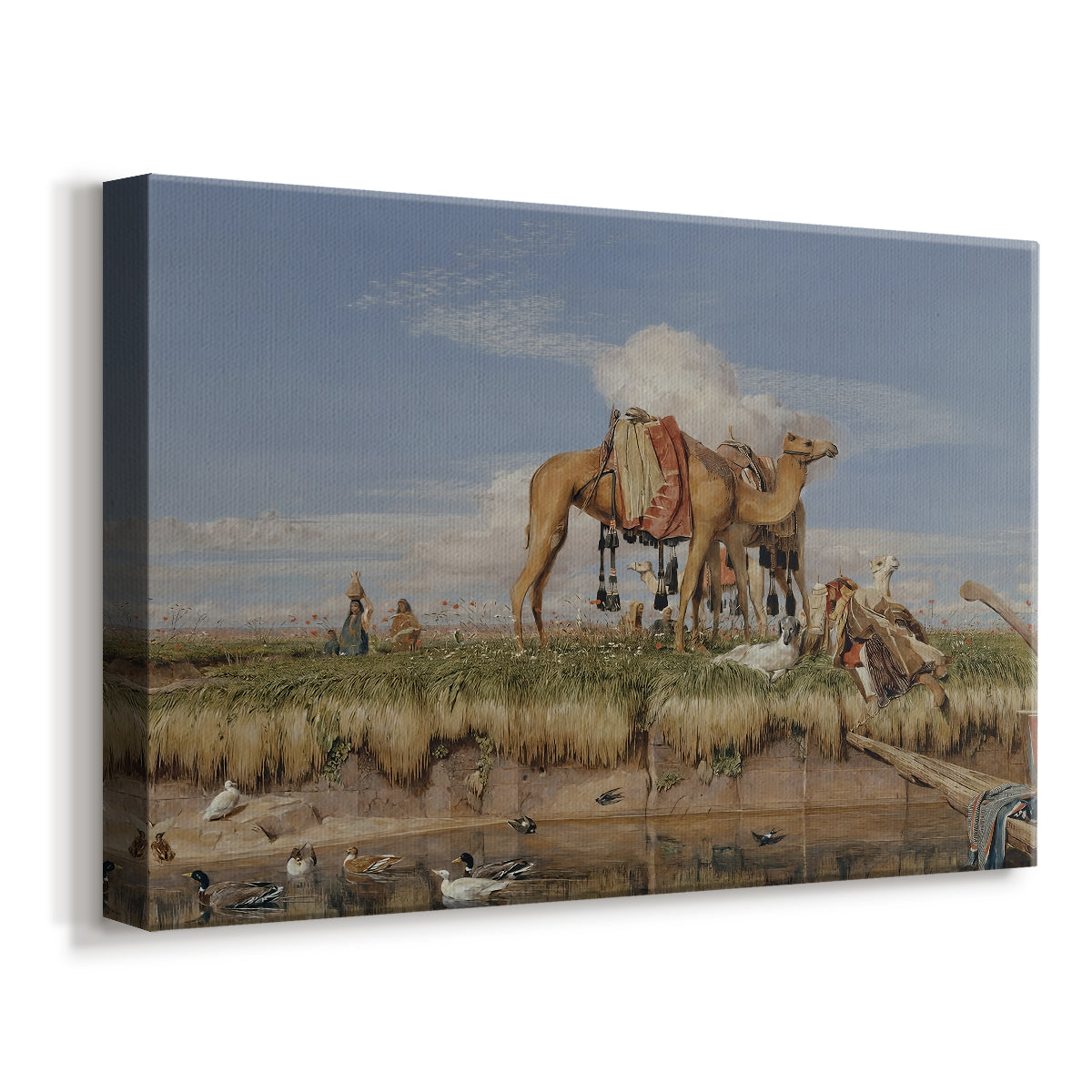 Canvas art print featuring a cultural scene near Nile with distant terrain, displayed at an angle