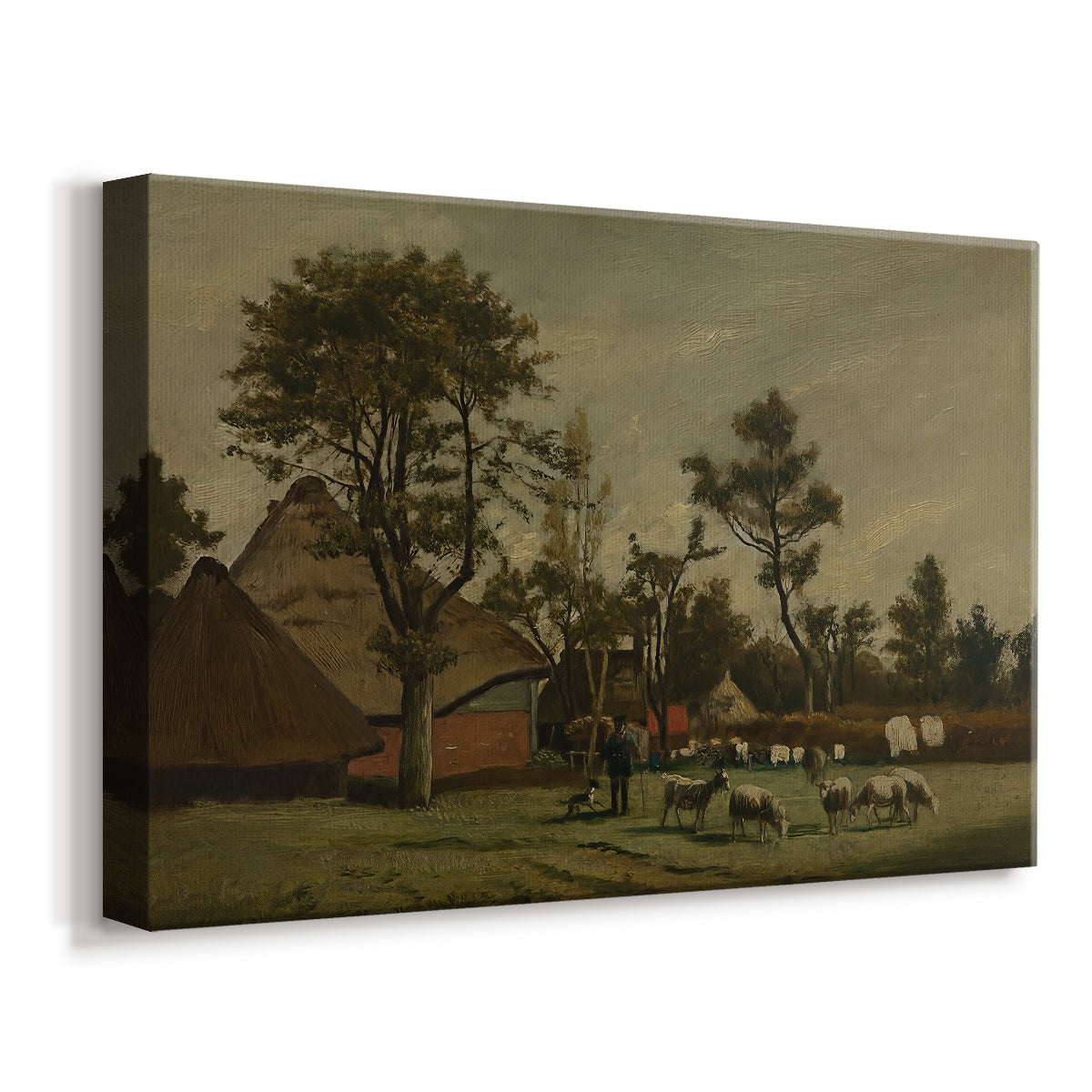 Canvas art print featuring a pastoral scene with house and livestock in countryside, displayed at an angle