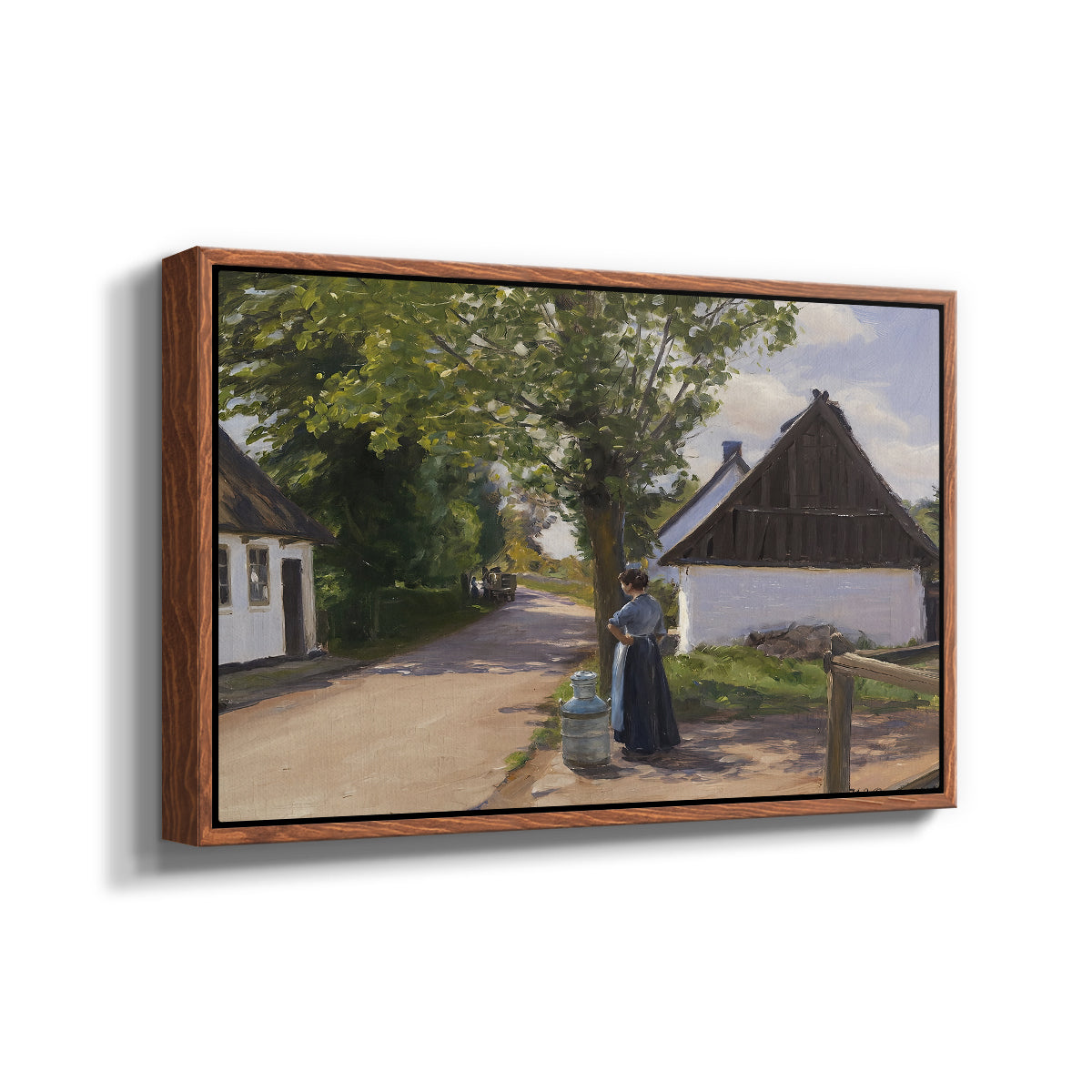 Danish Village Street with Woman and Milkman, 1880 - Floater Framed Canvas Print