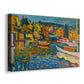 Canvas art print featuring an expressive composition blending water, land, and vessels, displayed at an angle