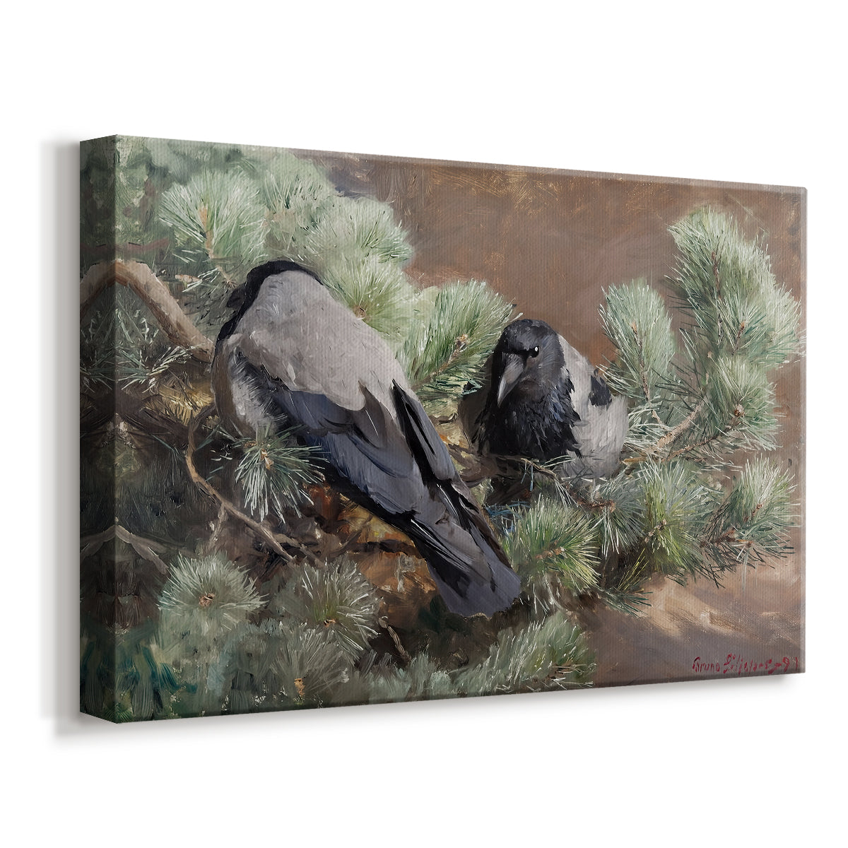 Canvas art print featuring birds standing alert in natural field environment, displayed at an angle