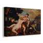 Canvas art print featuring a Renaissance outdoor scene with Venus reaching toward Adonis, displayed at an angle