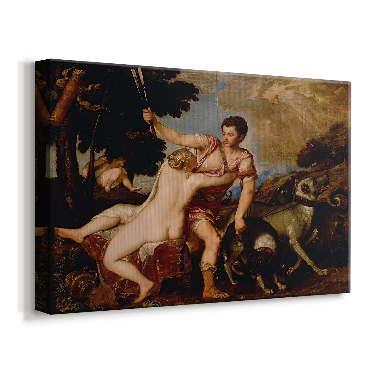 Canvas art print featuring a Renaissance outdoor scene with Venus reaching toward Adonis, displayed at an angle