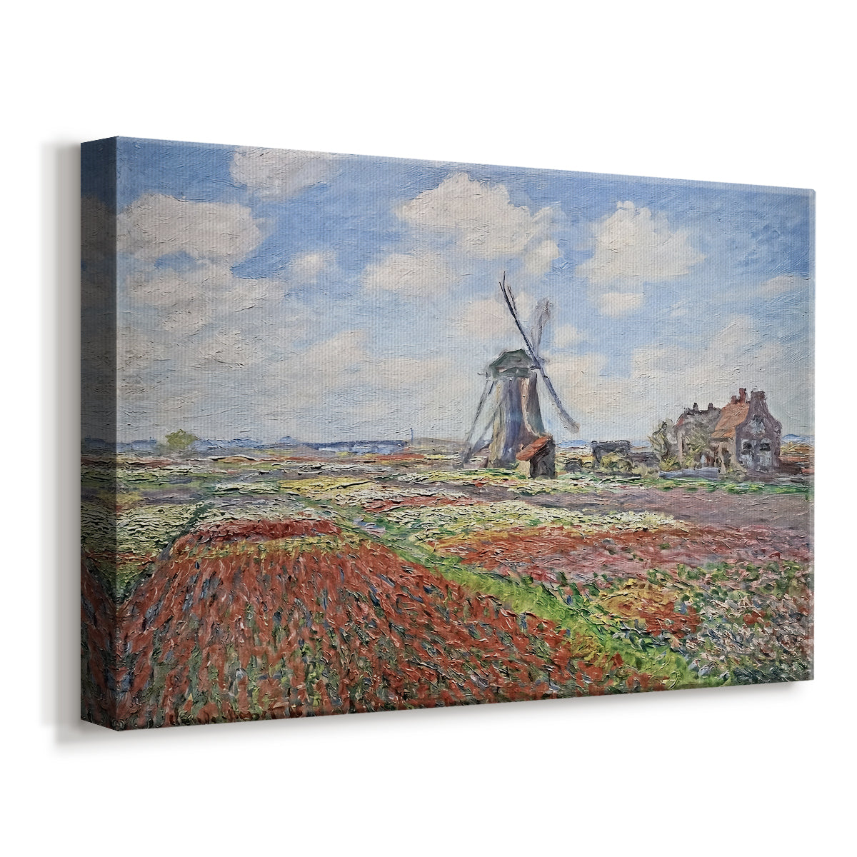 Canvas art print featuring a vibrant agricultural landscape with flowers and windmill, displayed at an angle