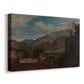Canvas art print featuring an alpine scene with buildings and terrain, displayed at an angle