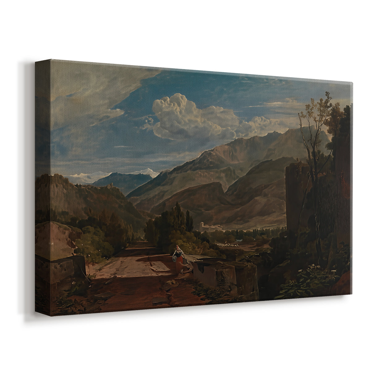 Canvas art print featuring an alpine scene with buildings and terrain, displayed at an angle