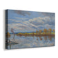 Canvas art print featuring a calm river scene with shoreline, displayed at an angle