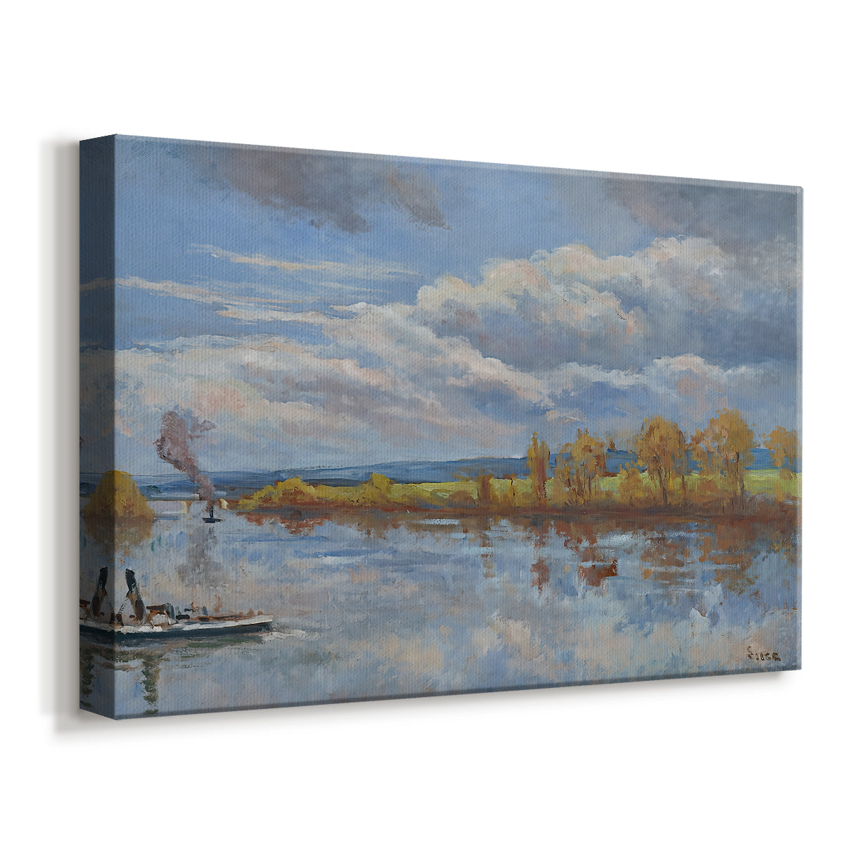 Canvas art print featuring a calm river scene with shoreline, displayed at an angle