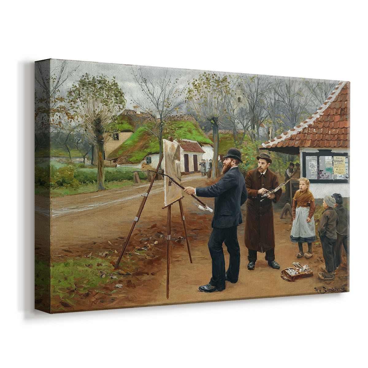Canvas art print featuring a countryside scene with figures standing near workshop or smithy, displayed at an angle