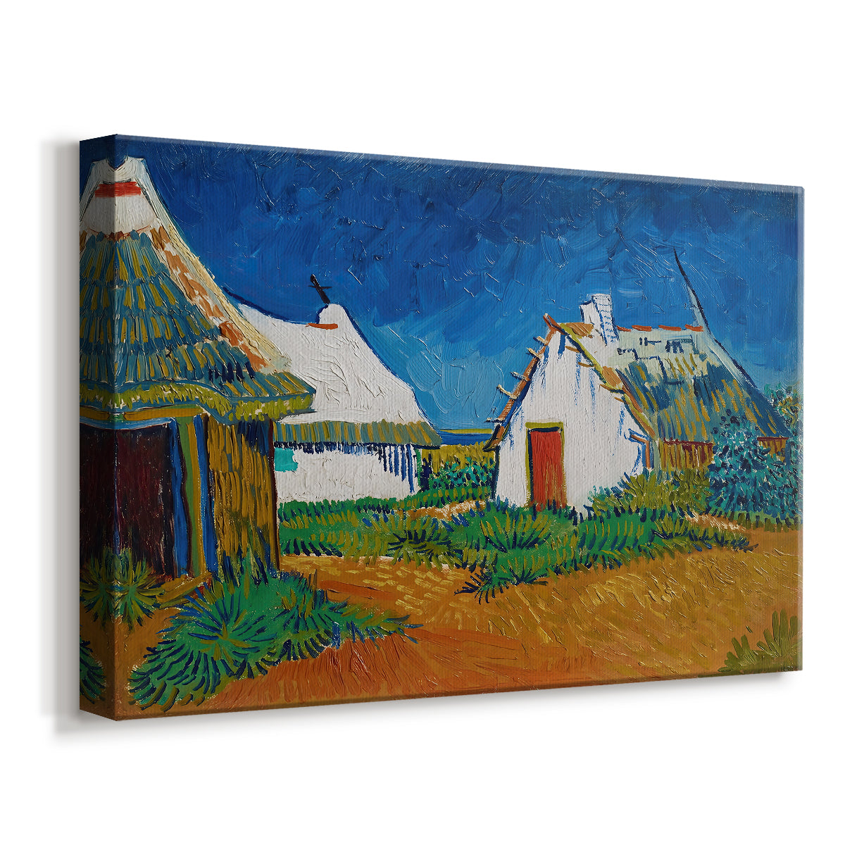 Canvas art print featuring an expressive architectural scene with houses and terrain, displayed at an angle