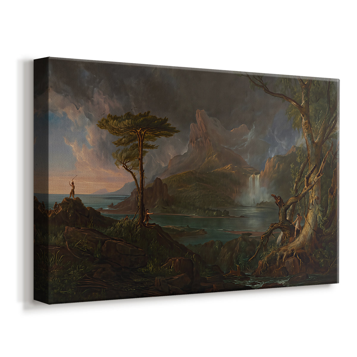 Canvas art print featuring an untamed wilderness scene with strong natural elements, displayed at an angle