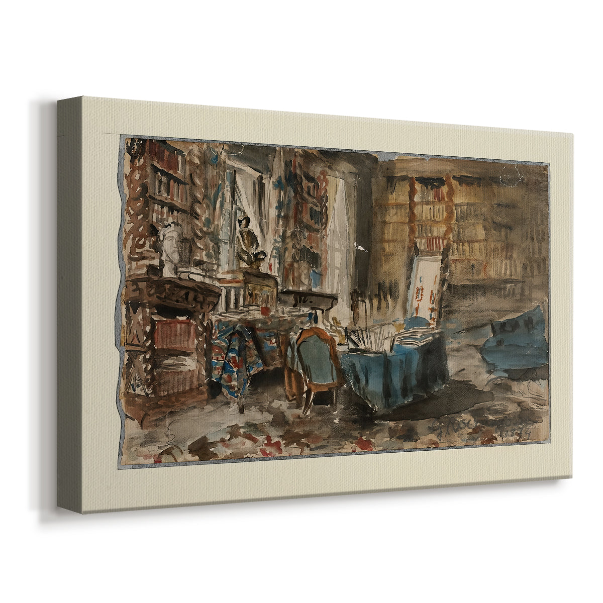 Canvas art print featuring a still life of writer's study with desk and decorative items, displayed at an angle