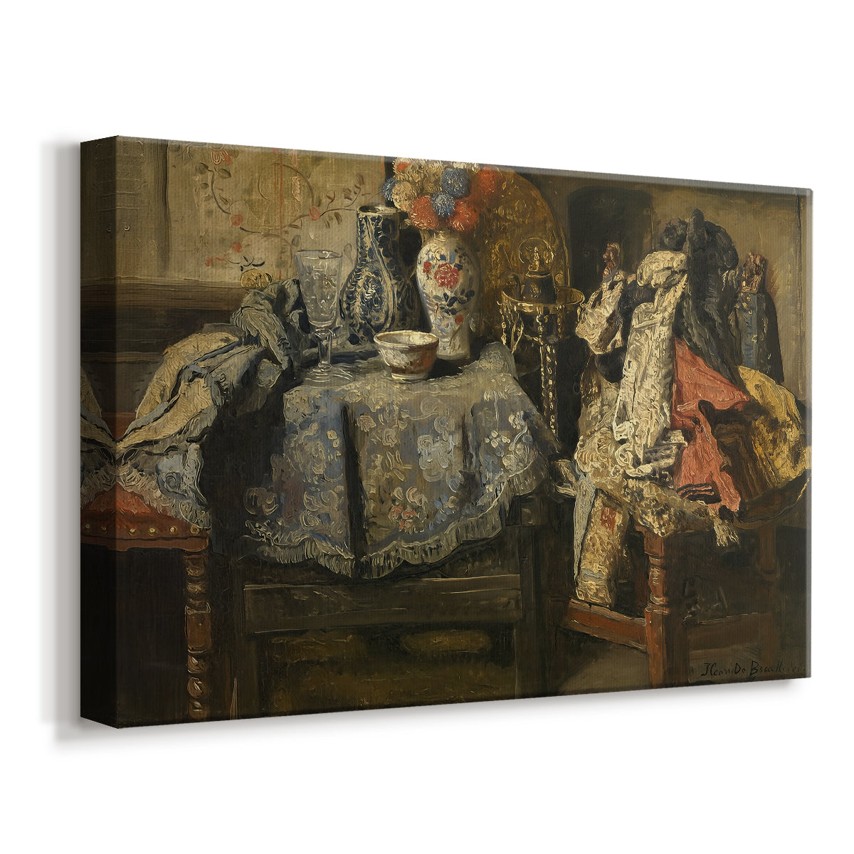 Canvas art print featuring a collection of tools and items displayed in interior setting, displayed at an angle