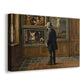 Canvas art print featuring an interior scene of person observing paintings in quiet room, displayed at an angle