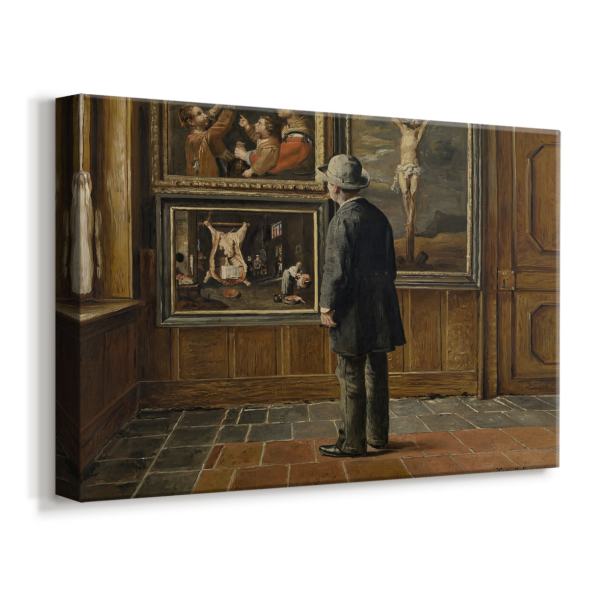 Canvas art print featuring an interior scene of person observing paintings in quiet room, displayed at an angle