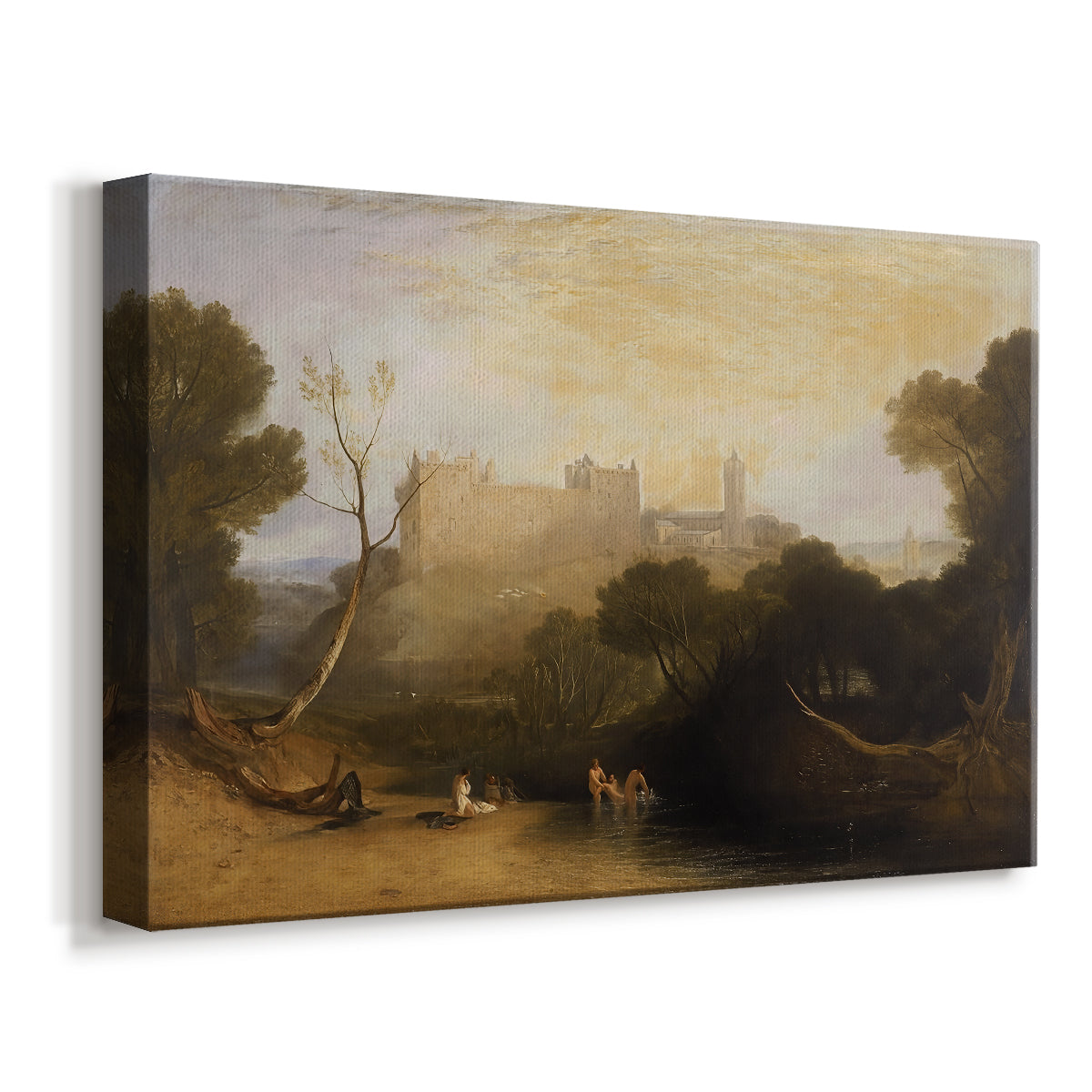 Canvas art print featuring an architectural scene with castle-like structure and natural setting, displayed at an angle
