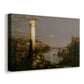 Canvas art print featuring an abandoned landscape with remnants of once-grand architecture, displayed at an angle
