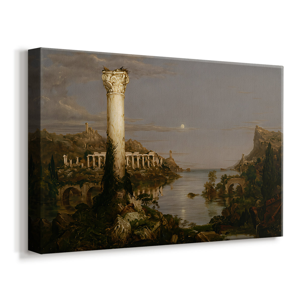 Canvas art print featuring an abandoned landscape with remnants of once-grand architecture, displayed at an angle