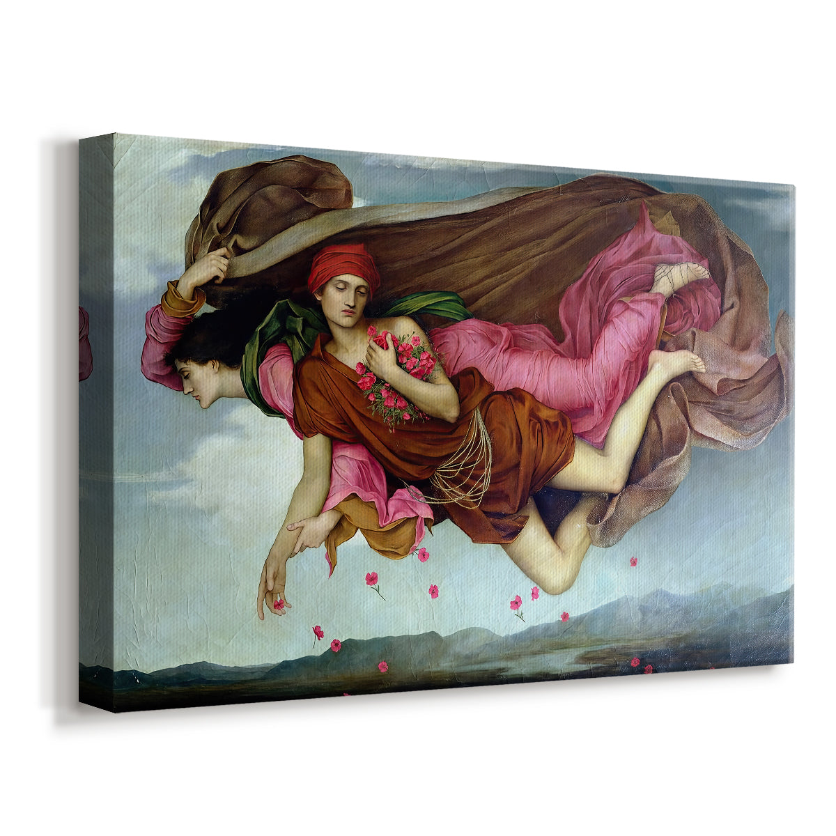 Canvas art print featuring a symbolic depiction of night and sleep as ethereal figures in motion, displayed at an angle